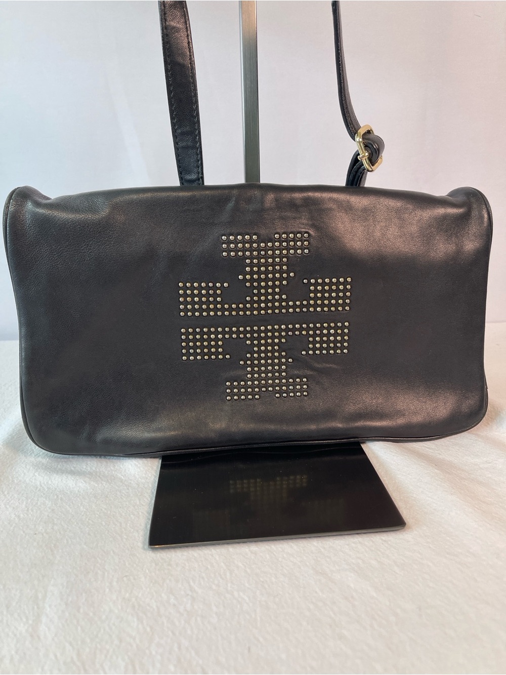 Tory Burch Black Leather Shoulder Bag with Gold Stud Logo